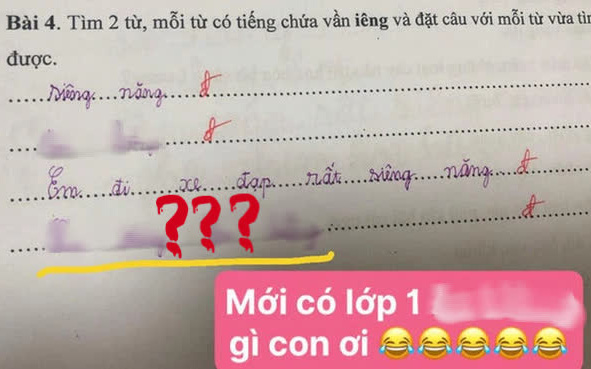 Bài tập Tiếng Việt lớp 1 đặt câu có vần &quot;iêng&quot;, cô giáo đọc xong hạn hán lời, chịu thua với độ điệu của học trò