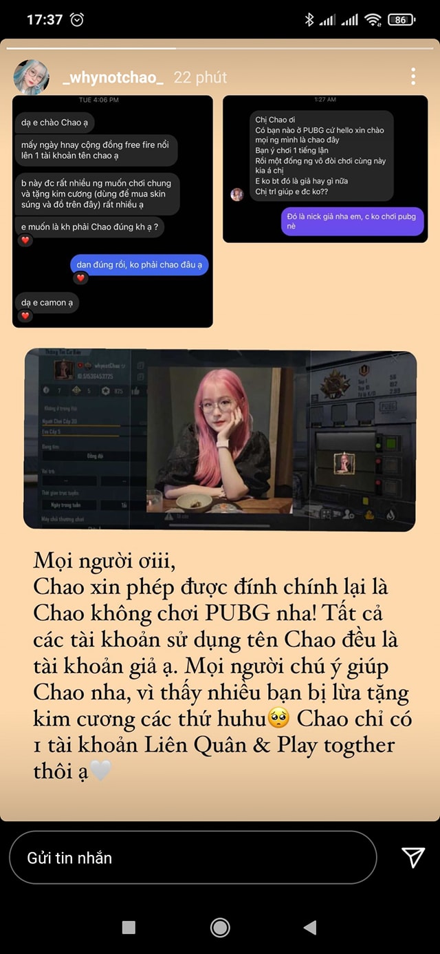 Rich kid Chao bị mạo danh lừa đảo trong PUBG Mobile, khổ chủ lên tiếng khẳng định chỉ chơi 2 tựa game khác! - Ảnh 2.