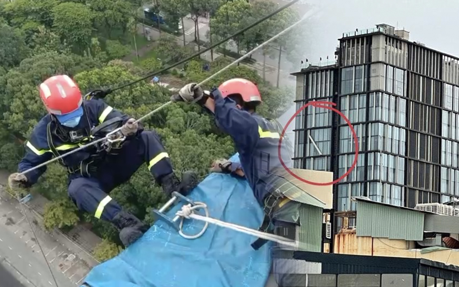 Hồi hộp xem Cảnh sát PCCC làm "người nhện" để xử lý hộp đèn "khủng" suýt rơi khỏi tòa nhà AB Tower ở TP.HCM