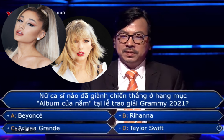 Ai Là Triệu Phú hỏi ai giành giải &quot;Album của năm&quot; tại Grammy 2021, &quot;nam thần&quot; đấu kiếm chọn Taylor Swift hay Ariana Grande?
