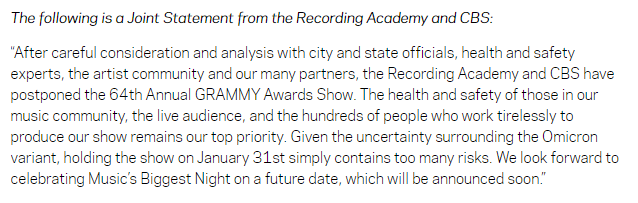 Chính thức: Lễ trao giải Grammy 2022 bị hoãn vô thời hạn, lí do được Viện Hàn lâm đưa ra là gì? - Ảnh 1.