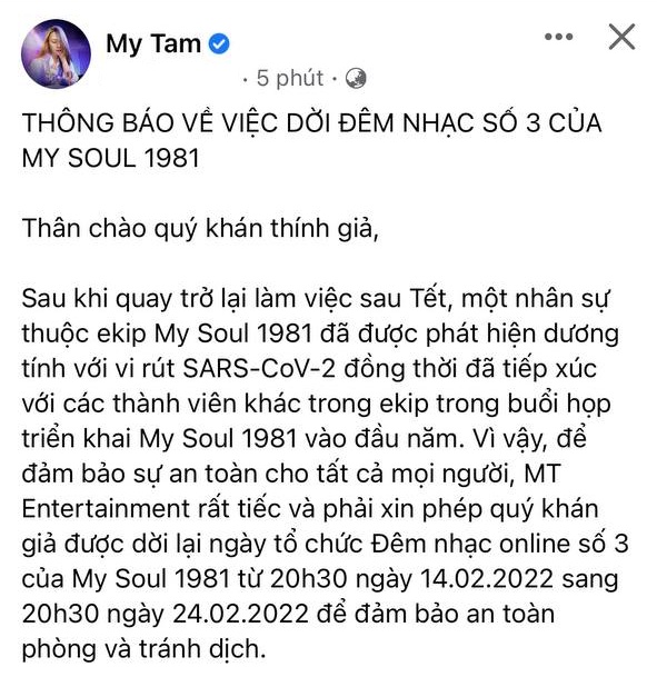 Mỹ Tâm thông báo số phận đêm nhạc My Soul 1981 số 3 sau khi có thành viên ekip dương tính Covid-19 - Ảnh 1.