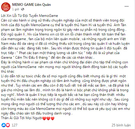 Không chỉ nhận án cấm thi đấu từ Garena, hai tuyển thủ MEMO Game còn nhận hình phạt thích đáng từ đội tuyển chủ quản - Ảnh 2.