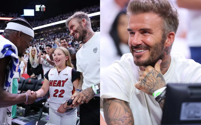 David Beckham gây náo loạn sân bóng NBA với visual sáng bừng, ai dè bị màn hò hét của ái nữ Harper giật spotlight