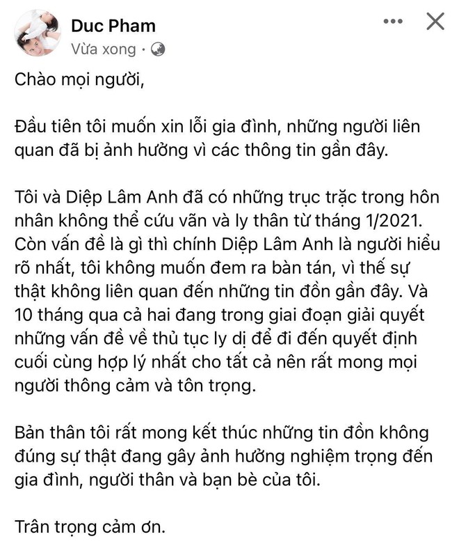 NÓNG: Chồng Diệp Lâm Anh xác nhận đã ly thân, nói rõ về tin đồn xuất hiện bên người phụ nữ khác - Ảnh 2.