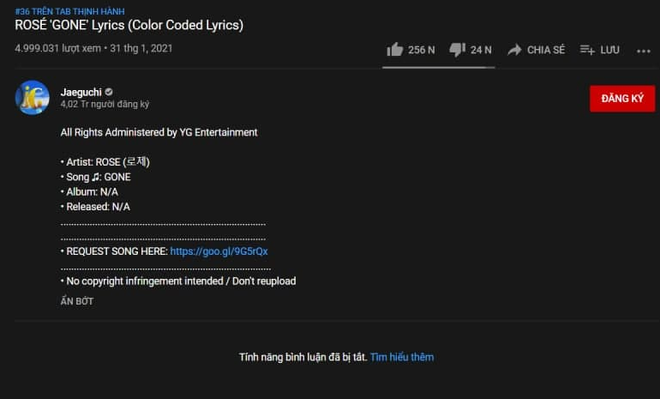 Kênh YouTube bị nghi của người Việt vi phạm bản quyền bài mới của Rosé, lyrics video lọt cả top trending nhưng đã bị YG cho bay màu - Ảnh 3.