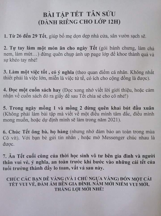 Cô giáo giao bài tập Tết kín tờ A4, học trò tưởng mất Tết tới nơi ai ngờ đọc xong mới thấy đáng yêu quá chừng - Ảnh 1.