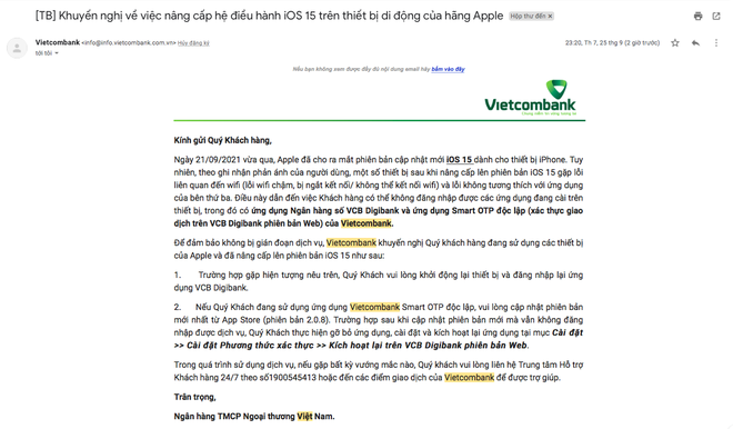 Nhiều người dùng iPhone gặp lỗi đăng nhập app Vietcombank, ngân hàng bất ngờ gửi email khuyến nghị về việc nâng cấp lên iOS 15 - Ảnh 3.