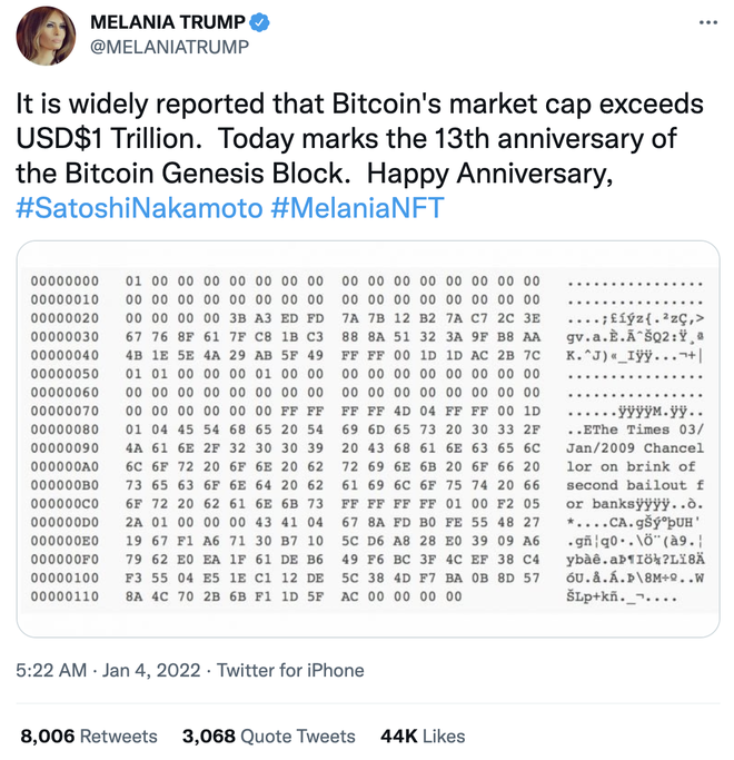 Đăng tweet mừng kỷ niệm Bitcoin, phu nhân cựu Tổng thống Trump khiến nhiều người ngỡ ngàng vì lý do đặc biệt - Ảnh 1.