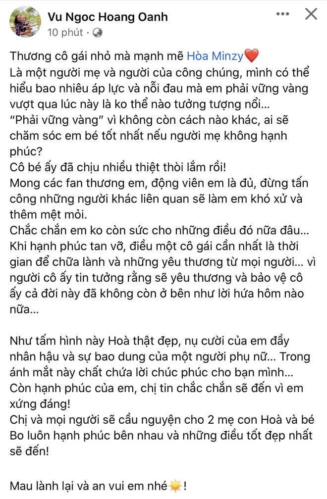 Hoàng Oanh gửi lời động viên đến Hòa Minzy hậu chia tay: Ai sẽ chăm sóc em bé tốt nhất nếu người mẹ không hạnh phúc? - Ảnh 2.