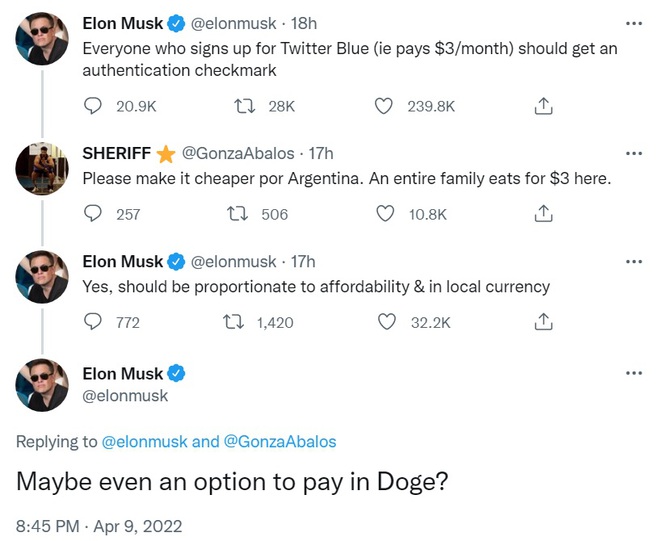 Vừa ngồi vào ghế lãnh đạo Twitter được 1 tuần, Elon Musk đã đề xuất dùng Dogecoin để thanh toán - Ảnh 2.