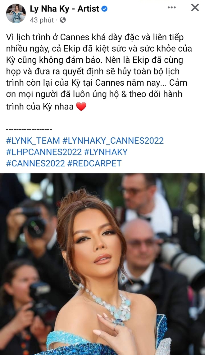 Lý Nhã Kỳ bất ngờ thông báo hủy bỏ toàn bộ lịch trình còn lại tại LHP Cannes - Ảnh 2.