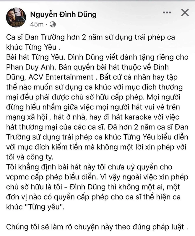 Đan Trường tiếp tục bị tố sử dụng trái phép 1 ca khúc suốt 2 năm qua, nhạc sĩ tuyên bố sẽ làm rõ chuyện theo đúng pháp luật! - Ảnh 1.