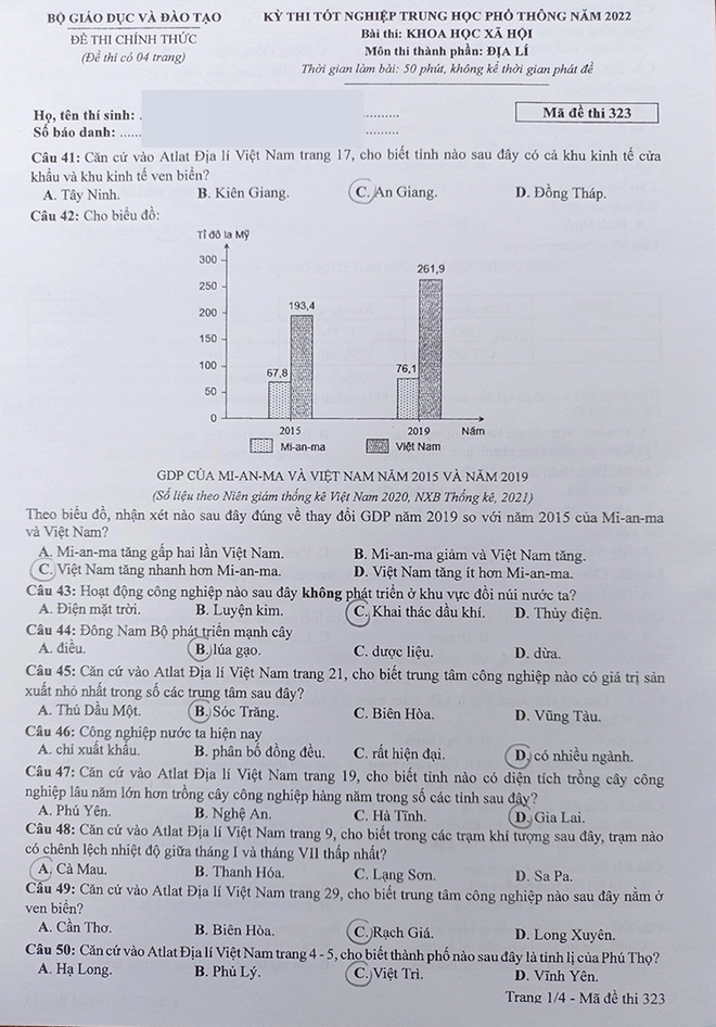 Đề thi chính thức kỳ tốt nghiệp THPT 2022 tổ hợp Khoa học xã hội: Lịch sử, Địa lý, Giáo dục công dân - Ảnh 4.